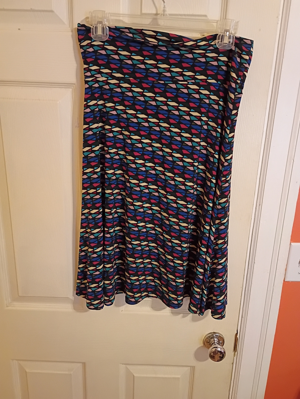 LuLaRoe Black Skirt with Blue, Pink, Teal & Cream Geometric Print M